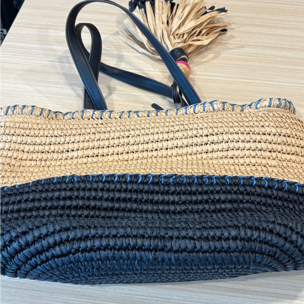Tory Burch Small Straw Tote - Navy and Tan with Light Blue and Hot Pink Details - Picture 3 of 5